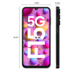 Samsung Galaxy F15 5G phone front and side view with colorful bubble screen and size dimensions