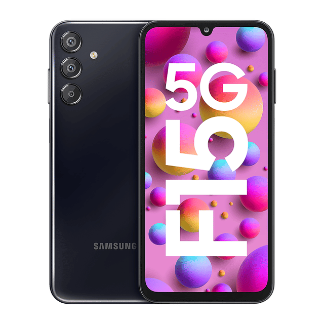 Samsung Galaxy F15 5G phone showing front display with colorful bubbles and rear triple camera design