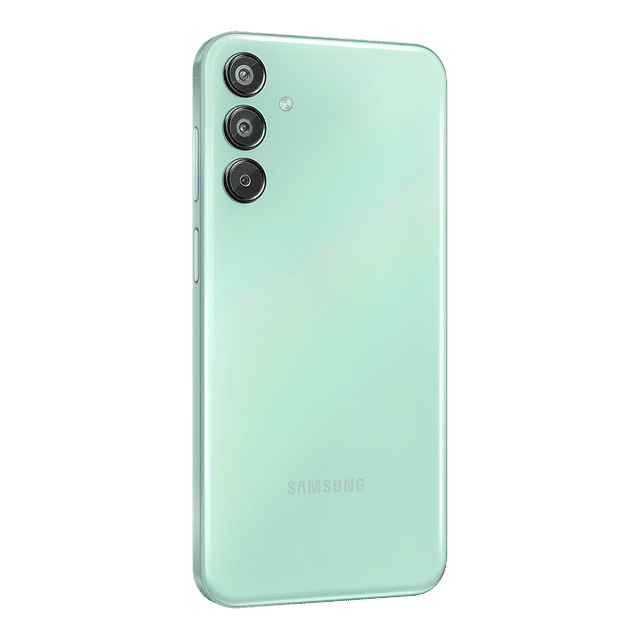 Back view of Samsung Galaxy F15 5G phone in mint green with triple camera setup