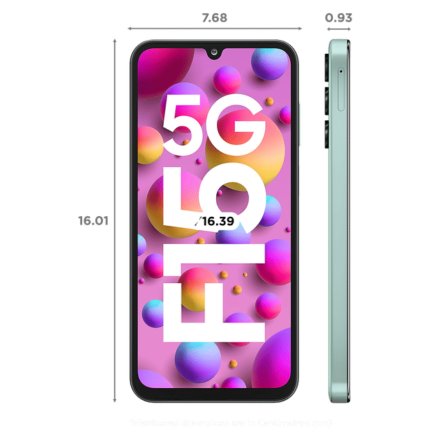 Samsung Galaxy F15 5G phone front and side view with pink and purple abstract screen and dimensions