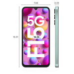 Samsung Galaxy F15 5G phone front and side view with pink and purple abstract screen and dimensions