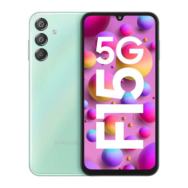 Samsung Galaxy F15 5G phone in green showing front display and triple rear cameras