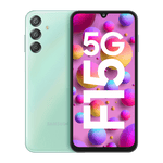 Samsung Galaxy F15 5G phone in green showing front display and triple rear cameras