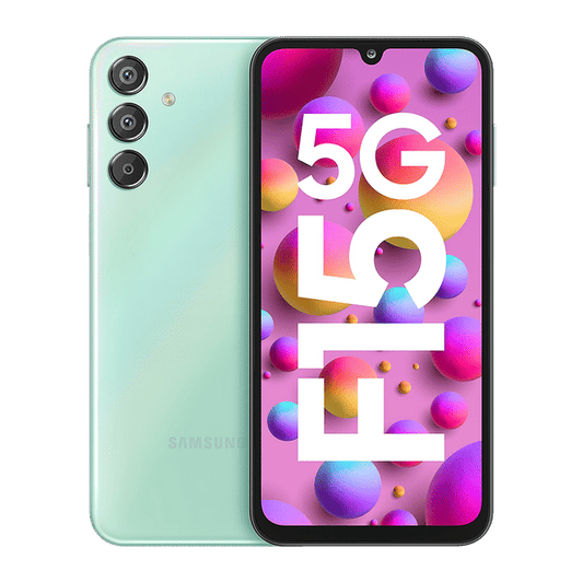 Samsung Galaxy F15 5G phone in green showing front display and triple rear cameras