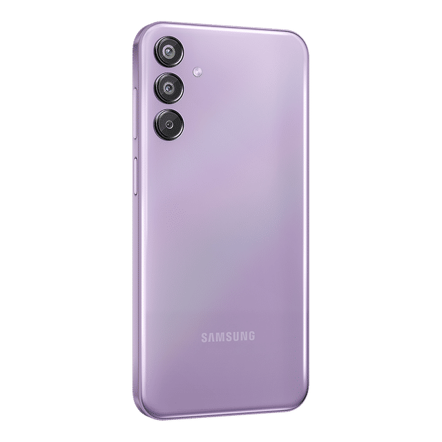 Samsung Galaxy F15 5G phone in purple with triple rear cameras and sleek design