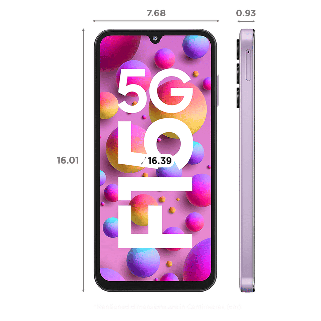 Samsung Galaxy F15 5G phone in purple showing front display with colorful abstract wallpaper and side profile with dimensions