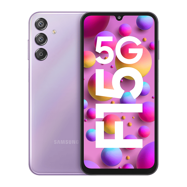 Samsung Galaxy F15 5G phone in purple showing front and back with triple camera and colorful display
