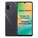 Samsung Galaxy M06 5G phone front and back view with dual camera and colorful display