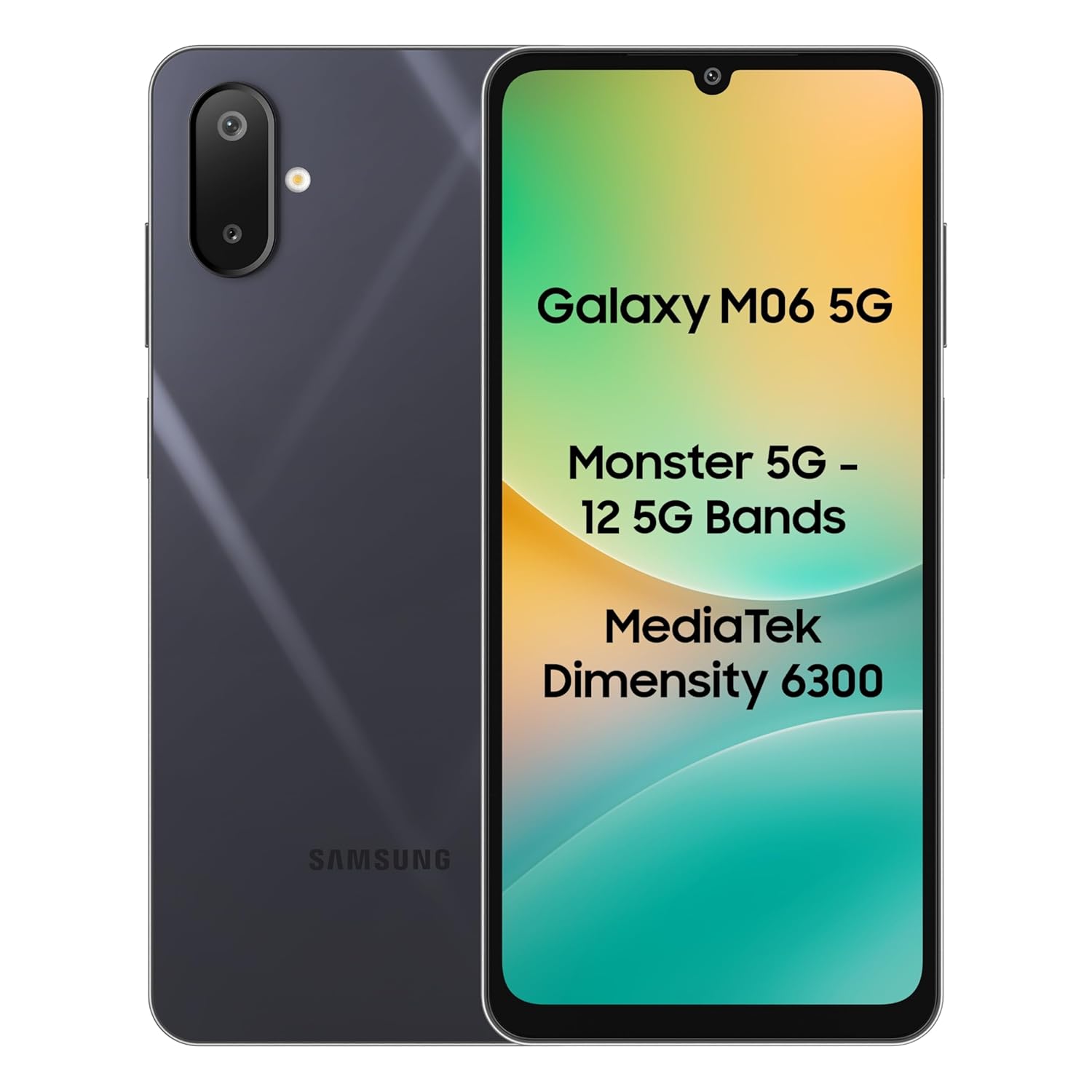 Samsung Galaxy M06 5G phone front and back view with dual camera and colorful display