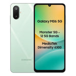 Samsung Galaxy M06 5G phone front and back view with dual camera and 6.5 inch display