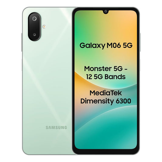 Samsung Galaxy M06 5G phone front and back view with dual camera and 6.5 inch display