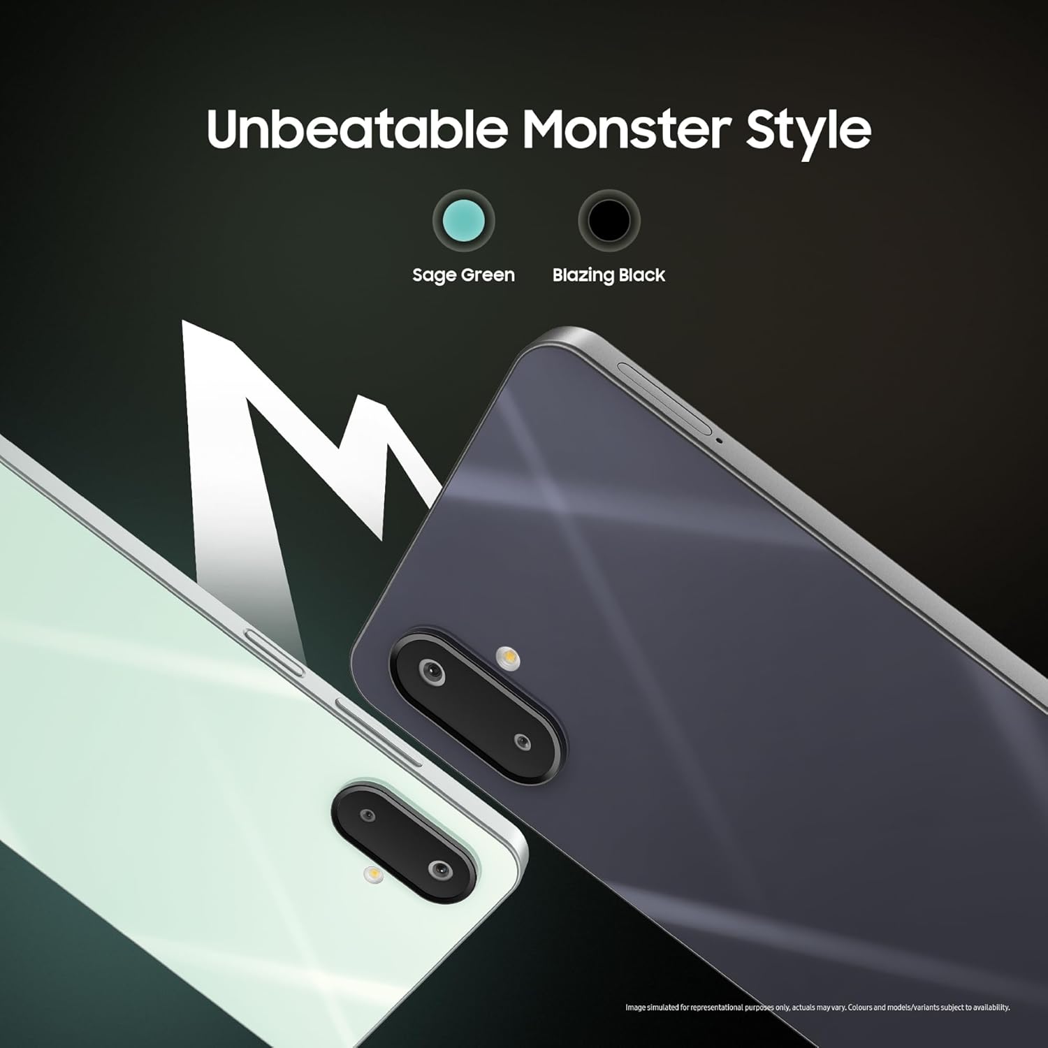 Samsung Galaxy M06 5G phone in Sage Green and Blazing Black colors showing dual rear cameras and sleek design