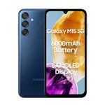 Samsung Galaxy M15 5G smartphone in blue with triple rear cameras and 6000mAh battery