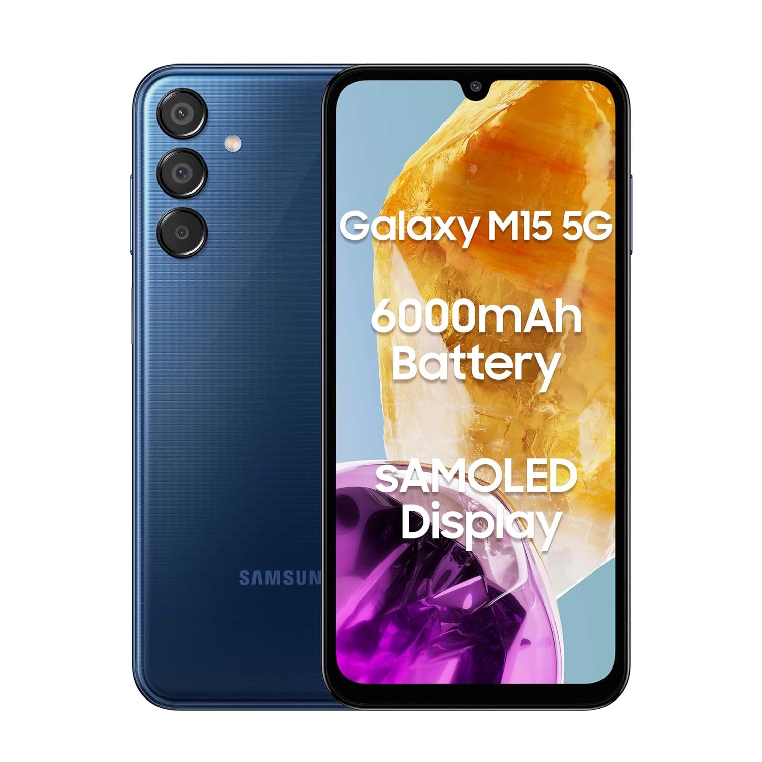 Samsung Galaxy M15 5G smartphone in blue with triple rear cameras and 6000mAh battery