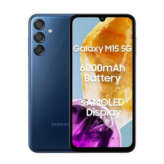 Samsung Galaxy M15 5G smartphone in blue with triple rear cameras and 6000mAh battery
