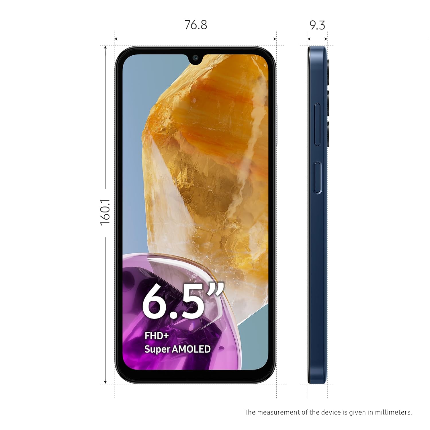 Samsung Galaxy M15 5G phone front and side view with 6.5 inch FHD Super AMOLED display