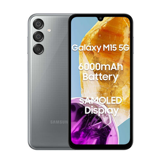 Samsung Galaxy M15 5G phone in gray showing front AMOLED display and triple rear camera setup