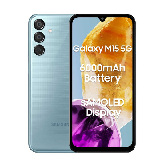 Samsung Galaxy M15 5G phone with 6000mAh battery and SAMOLED display shown front and back