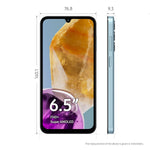Samsung Galaxy M15 5G phone front and side view showing 6.5 inch FHD plus Super AMOLED display and slim design