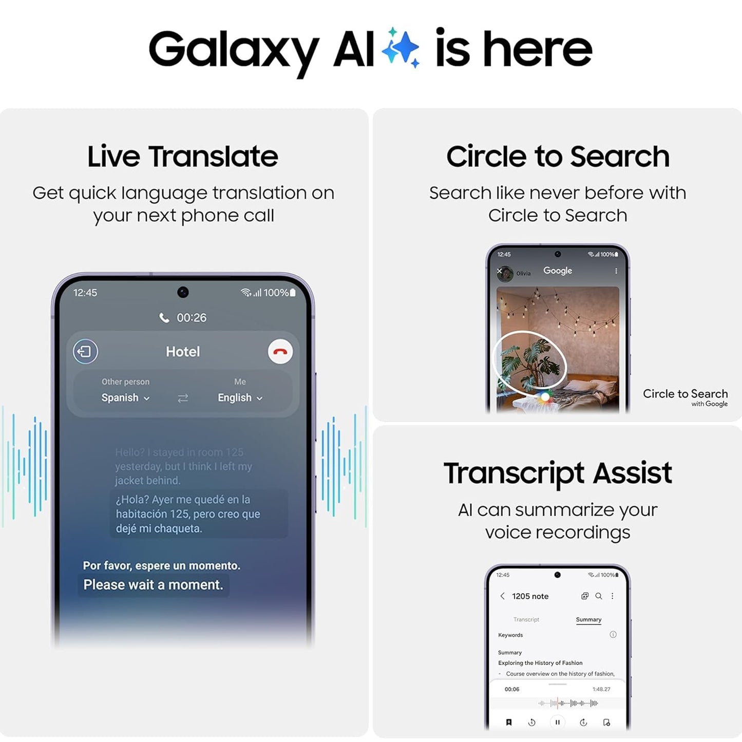 Samsung Galaxy S24 5G marble grey phone displaying AI features like live translate, circle to search, and transcript assist