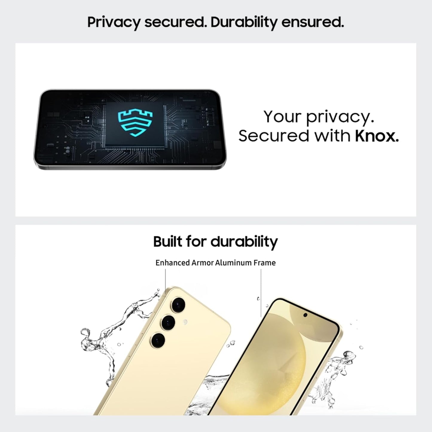 Samsung Galaxy S24 5G marble grey phone showcasing privacy security and enhanced durability features