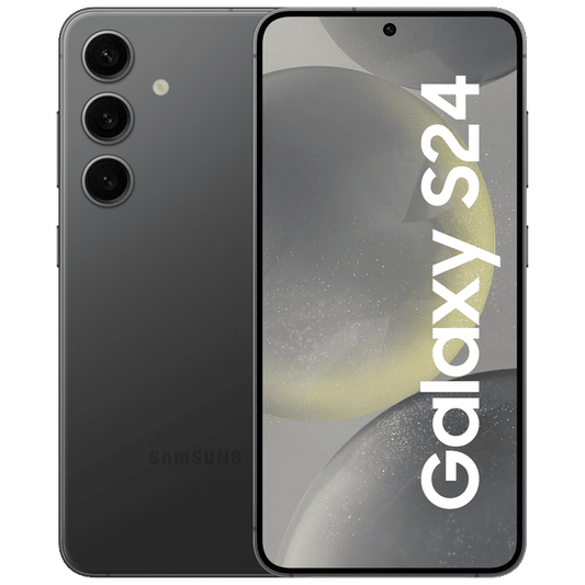 Samsung Galaxy S24 5G unlocked phone in black showing front screen and triple rear cameras