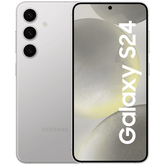 Samsung Galaxy S24 5G unlocked phone in silver with triple rear cameras and edge-to-edge display