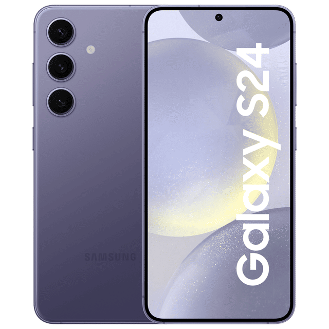 Samsung Galaxy S24 5G unlocked phone in purple showing front display and triple rear cameras