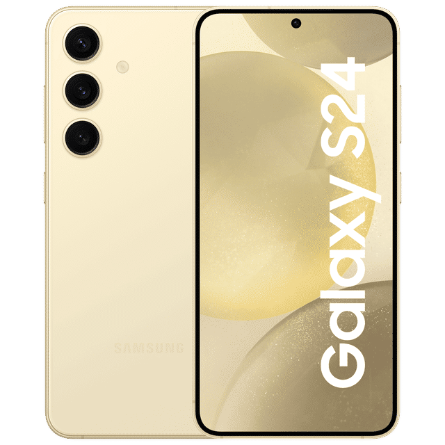Samsung Galaxy S24 5G unlocked gold phone showing front display and triple rear cameras
