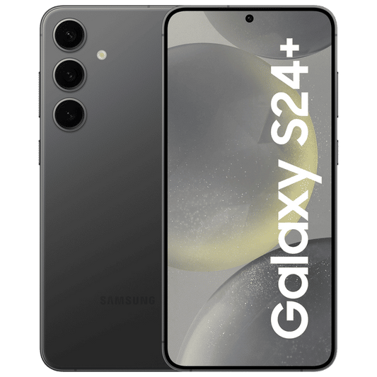 Samsung Galaxy S24 Plus 5G smartphone front and back view with triple rear cameras in black