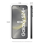 Samsung Galaxy S24 Plus 5G phone front and side view with dimensions in centimeters