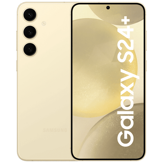 Samsung Galaxy S24 Plus 5G phone in cream color showing front display and rear triple camera setup