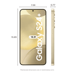 Samsung Galaxy S24 Plus 5G smartphone front and side views with dimensions in gold color