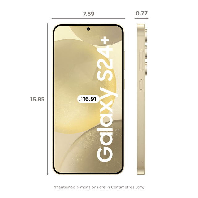 Samsung Galaxy S24 Plus 5G smartphone front and side views with dimensions in gold color