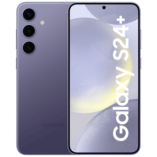 Samsung Galaxy S24 Plus 5G smartphone in purple showing front screen and triple rear cameras