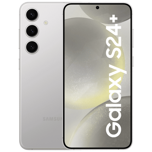 Samsung Galaxy S24 Plus 5G smartphone in silver showing front display and triple rear cameras
