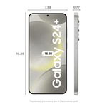 Samsung Galaxy S24 Plus 5G smartphone front and side view with detailed dimensions in centimeters