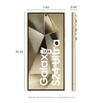 Front and side views of Samsung Galaxy S24 Ultra 5G phone showcasing dimensions in gold color