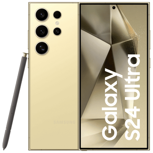 Samsung Galaxy S24 Ultra 5G phone in gold showing front screen and rear camera array with stylus pen