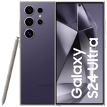 Samsung Galaxy S24 Ultra 5G phone in purple with quad rear cameras and stylus pen beside it