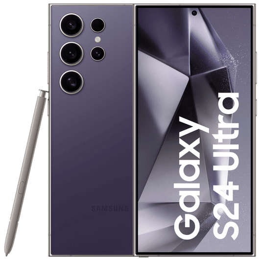 Samsung Galaxy S24 Ultra 5G phone in purple with quad rear cameras and stylus pen beside it