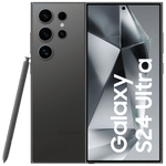 Samsung Galaxy S24 Ultra 5G phone in black with multiple rear cameras and stylus pen shown from front and back