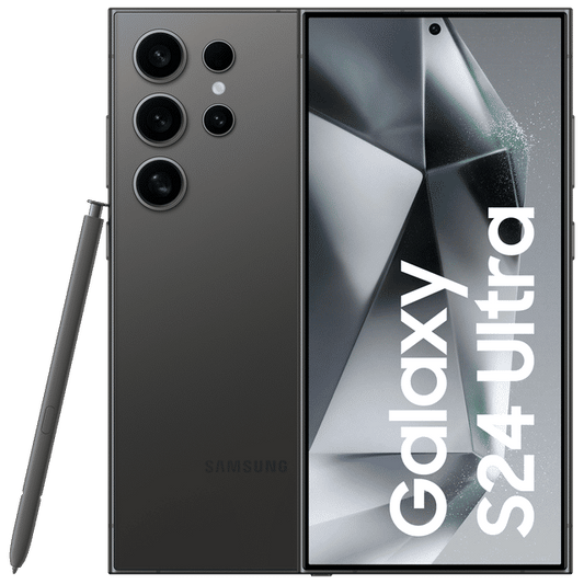 Samsung Galaxy S24 Ultra 5G phone in black with multiple rear cameras and stylus pen shown from front and back