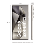 Samsung Galaxy S24 Ultra 5G phone front display and side view with dimensions in centimeters