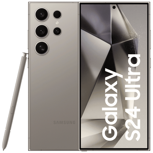 Samsung Galaxy S24 Ultra 5G phone in silver with quad camera setup and stylus pen