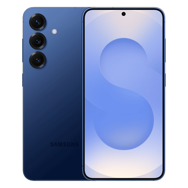 Samsung Galaxy S25 5G phone in blue showing front display and triple camera setup on back