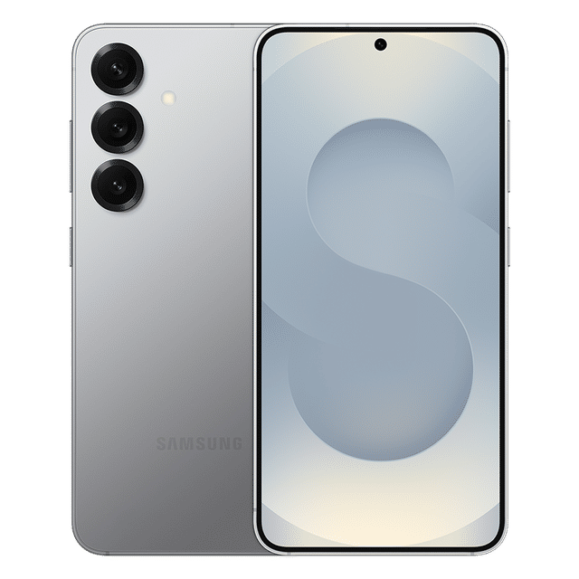 Samsung Galaxy S25 5G phone front and back view in silver with triple camera setup