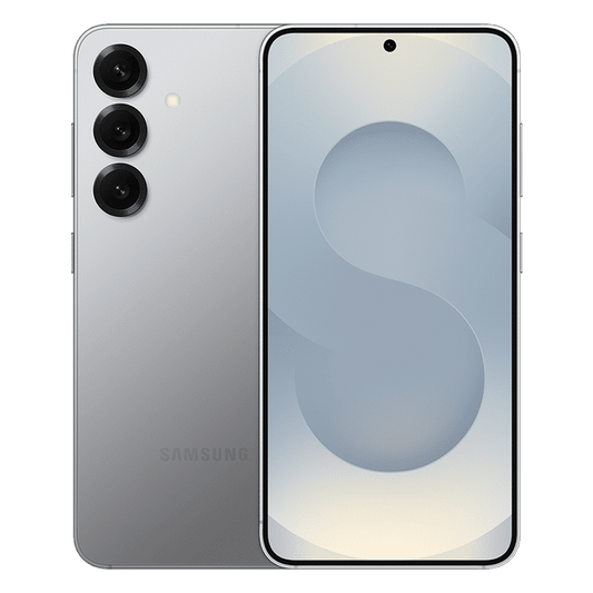 Samsung Galaxy S25 5G phone front and back view in silver with triple camera setup