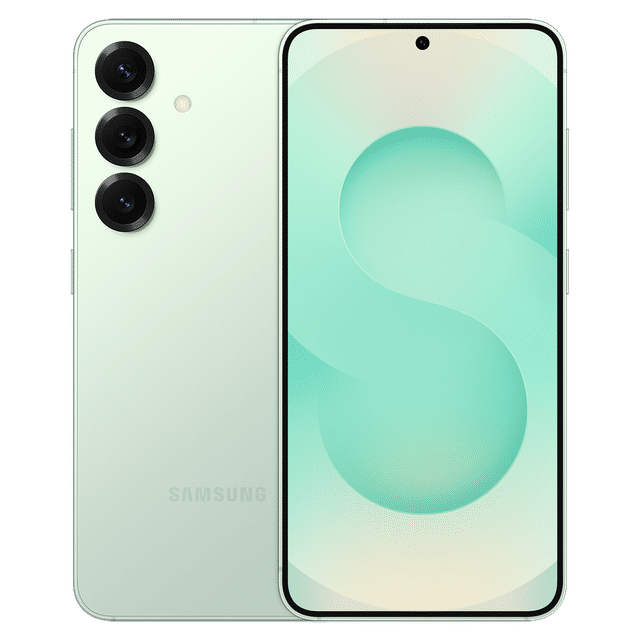 Samsung Galaxy S25 5G phone with triple rear cameras and infinity display in light green color