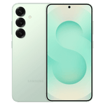 Samsung Galaxy S25 5G phone with triple rear cameras and infinity display in light green color